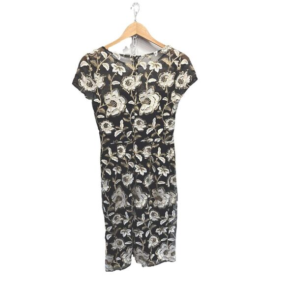David Meister Floral Embroidered Midi Dress 6 Black White Gold Cocktail Formal - Picture 4 of 13